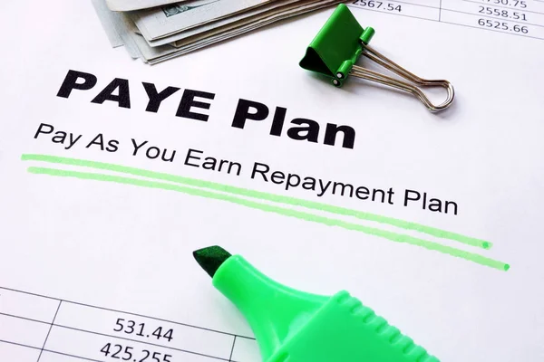 Platba, jak si vydělat splácení Paye plán podtržen znamení. — Stock fotografie