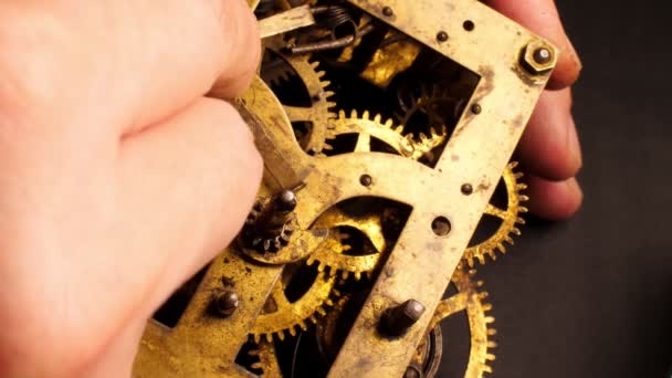 Der Uhrmacher Beim Zusammenbau Des Alten Uhrwerks Messing Uhrenräder Nahaufnahme — Stockvideo