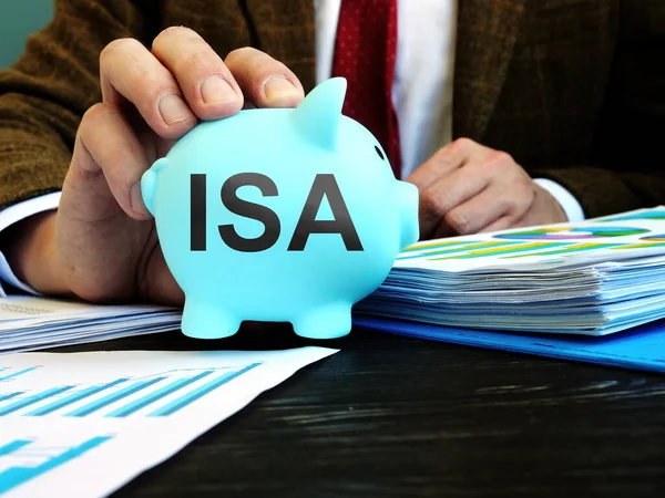 Man Proposes Piggy Bank Word Isa Individual Savings Account — Stock Photo, Image