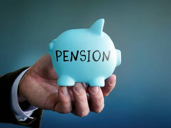 Hand Proposes Piggy Bank Sign Pension Symbol Savings Retirement — Stock Photo, Image