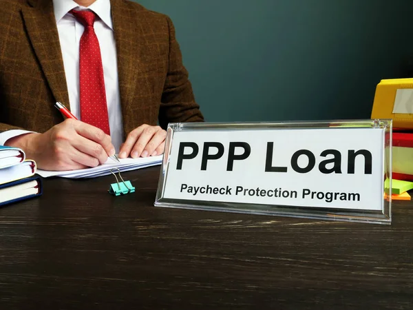 Ppp Δάνειο Και Paycheck Προστασίας Τίτλος Του Προγράμματος Στην Πλάκα — Φωτογραφία Αρχείου