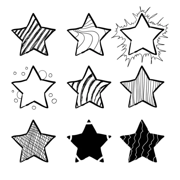 Colección de estrellas dibujadas a mano en estilo garabato. Podría ser utilizado para el patrón o elemento independiente. vector — Vector de stock