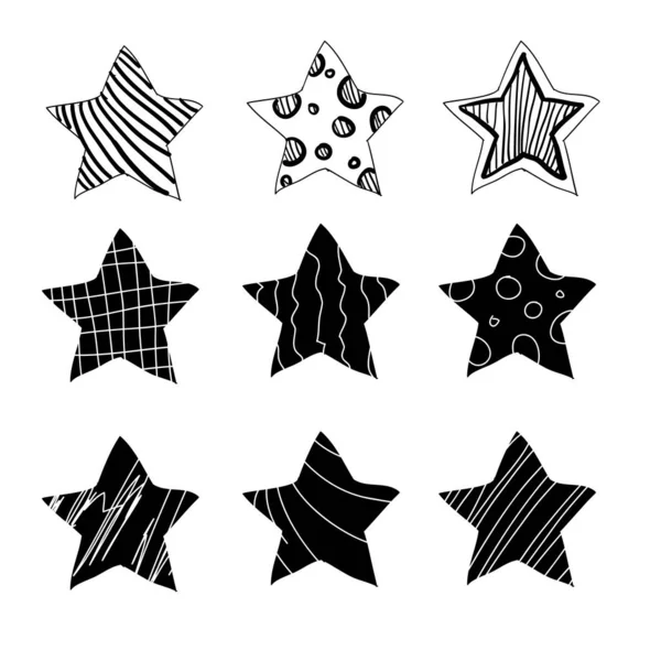 Colección de estrellas dibujadas a mano en estilo garabato. Podría ser utilizado para el patrón o elemento independiente. vector — Vector de stock
