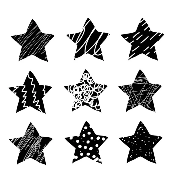 Colección de estrellas dibujadas a mano en estilo garabato. Podría ser utilizado para el patrón o elemento independiente. vector — Vector de stock