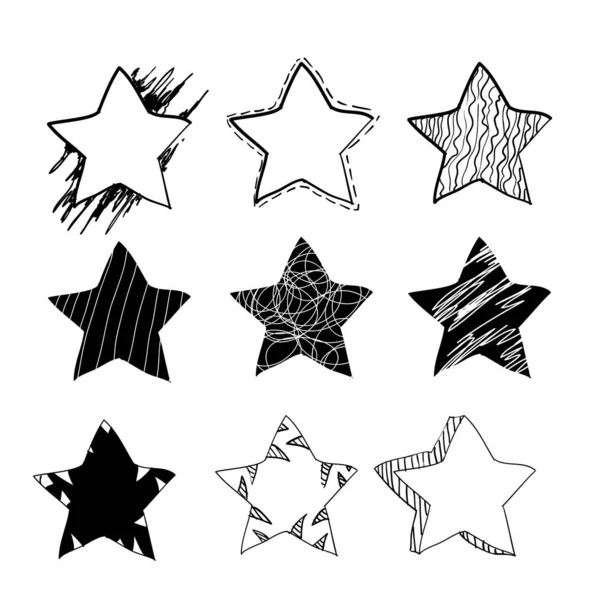 Verzameling van met de hand getekende sterren in doodle stijl. Kan worden gebruikt voor patroon of standalone element. vector — Stockvector