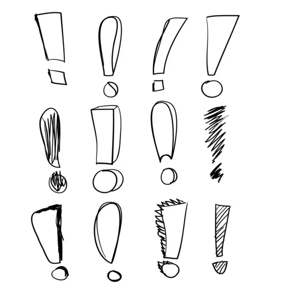 Raccolta di scarabocchio punto esclamativo disegnato a mano in stile cartone animato vettore — Vettoriale Stock