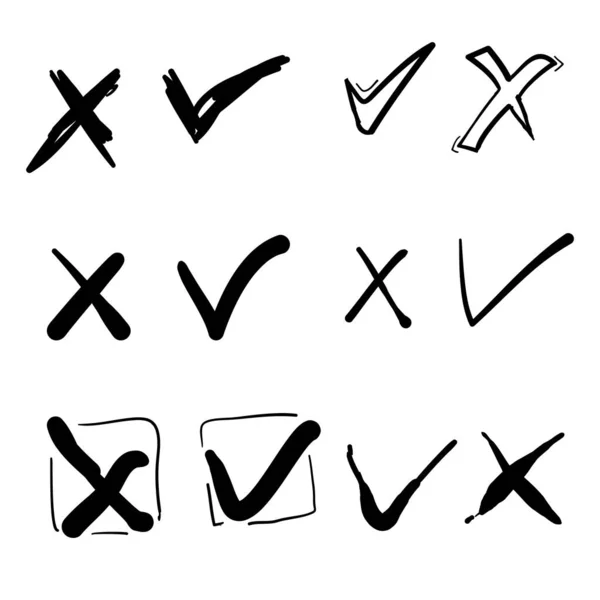 Hand drawn check mark icon set in cartoon doodle style — Stock Vector