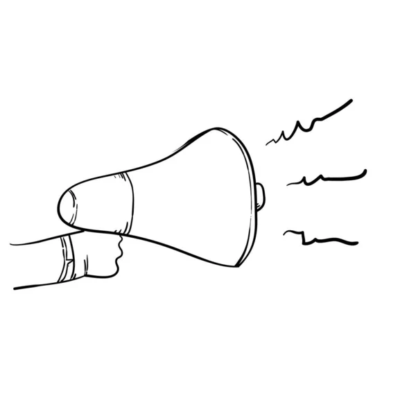 Handdrawn doodle hand holding megaphone illustration — ストックベクタ