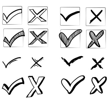 İşaretleme işareti kümesi ve x doodle el çizimi vektörü