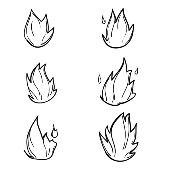 Mano dibujado fuego llama icono en doodle estilo de dibujos animados — Vector de stock