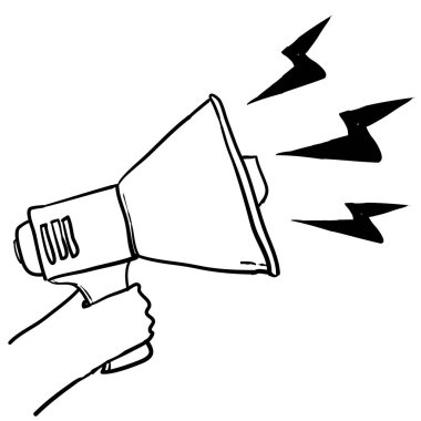 Bir el megafonu tutuyor önemli haberler ve teklifler veriyor. Karalama el çizimi biçimi ile bilgi kavramı