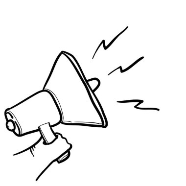 Bir el megafonu tutuyor önemli haberler ve teklifler veriyor. Karalama el çizimi biçimi ile bilgi kavramı