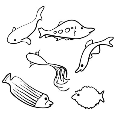 El çizimi çizgi film tarzında karalama balık koleksiyonu vektörü