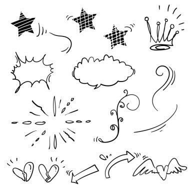 El çizimi elementler, Ok, kalp, aşk, yıldız, yaprak, güneş, ışık, çiçek, papatya, taç, kral, kraliçe, Swishes, swishes, vurgu, girdap, kalp, kavram tasarımı için çizgi film tarzı