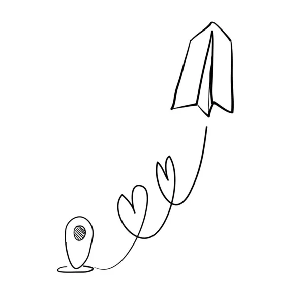 Szerelem repülőgép útvonal illusztráció vektor kézzel rajzolt doodle stílus — Stock Vector