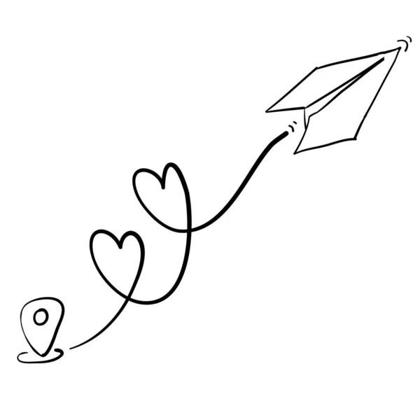 Kärlek flygplan rutt illustration vektor i hand dras klotter stil — Stock vektor