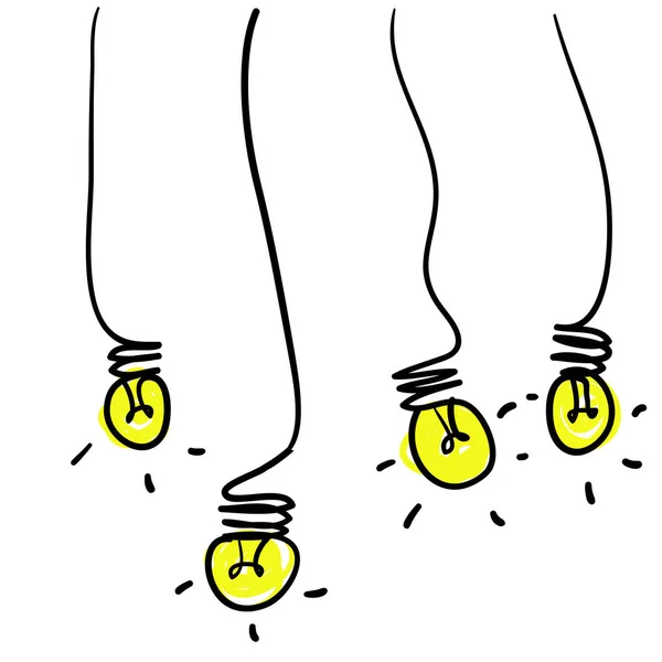 Diverse lampade appese dall'alto Bright Business Idea Concept con vettore stile disegnato a mano doodle — Vettoriale Stock