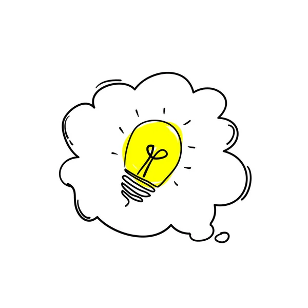 Ampoule et bulle de parole dessiné à la main style doodle symbole vectoriel pour l'idée — Image vectorielle