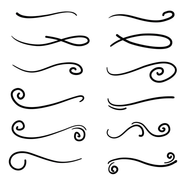 Colección dibujada a mano de swishes rizados, swashes, swoops. Un remolino de caligrafía. Resalte los elementos de texto en doodle vector de estilo — Vector de stock