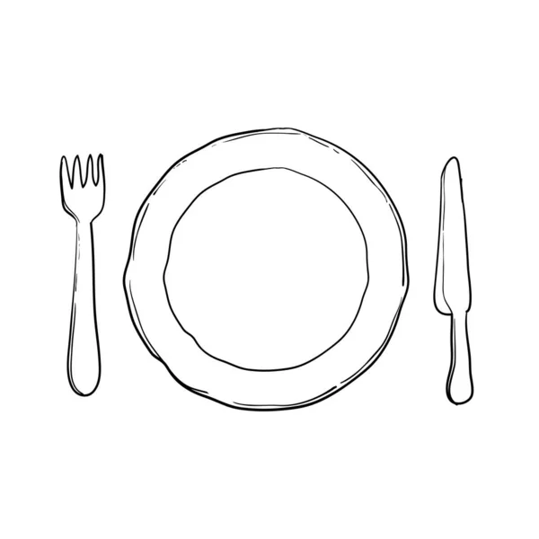 Plate, knife and fork Vector illustration handdrawn doodle style — Stock Vector