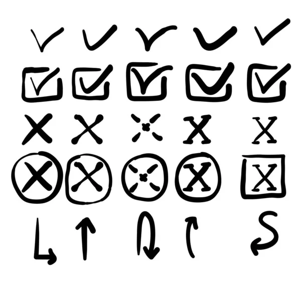 Doodle check mark e cross mark icon set check list símbolo