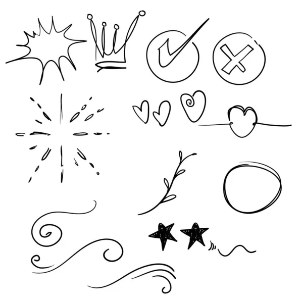 Hand drawn set elements,Arrow, heart, love, star, leaf, sun, light, flower, daisy, crown, king, queen,Swishes, swoops, emphasis ,swirl, heart, for concept design cartoon style — ストックベクタ