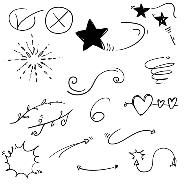 Hand drawn set elements,Arrow, heart, love, star, leaf, sun, light, flower, daisy, crown, king, queen,Swishes, swoops, emphasis ,swirl, heart, for concept design cartoon style — ストックベクタ