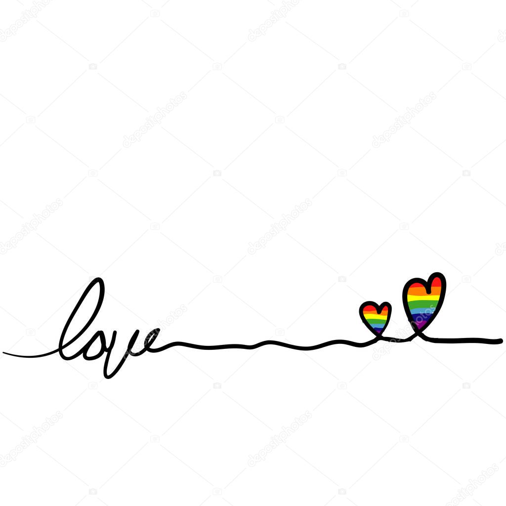 Love hand lettering typography with thin line heart and rainbow illustration
