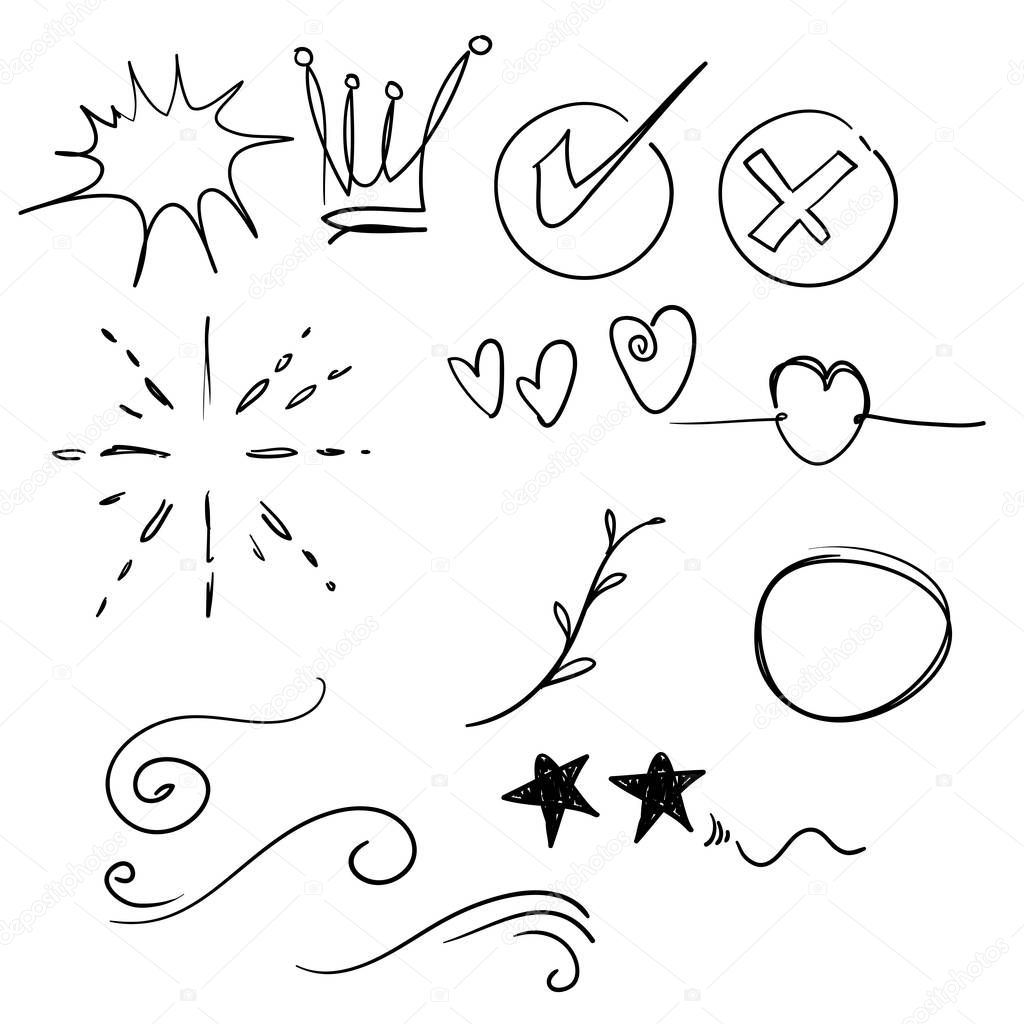 Hand drawn set elements,Arrow, heart, love, star, leaf, sun, light, flower, daisy, crown, king, queen,Swishes, swoops, emphasis ,swirl, heart, for concept design cartoon style