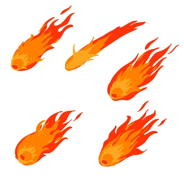 Asteróide cometa e meteorito. Bolas de fogo atmosféricas com vetor de estilo desenho animado doodle desenhado à mão —  Vetores de Stock
