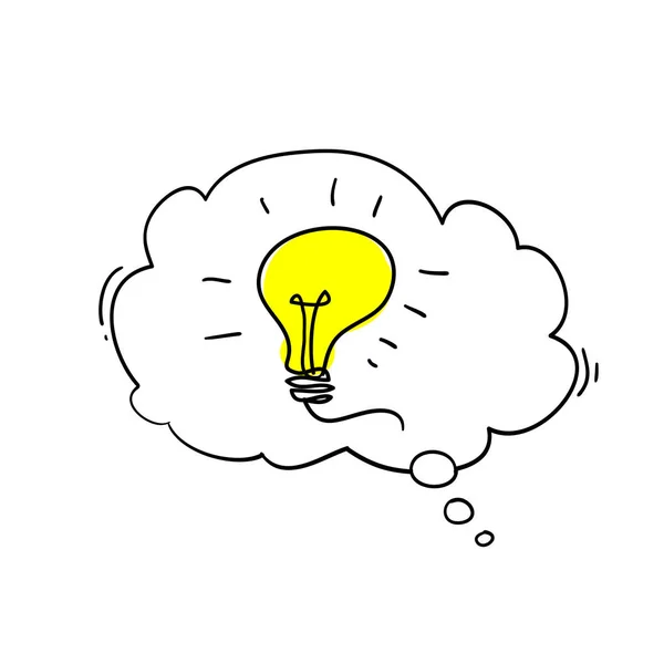 Speech bubble licht lampen Idee Creatief idee Concept van idee en innovatie met gloeilamp illustratie doodle cartoon stijl — Stockvector