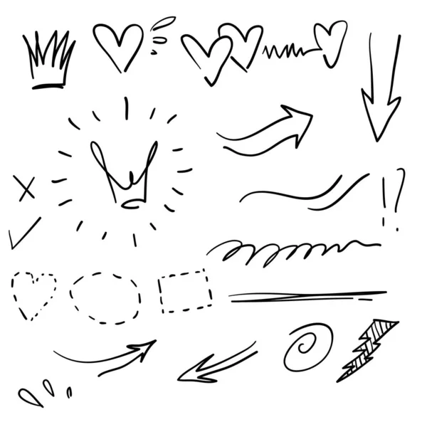 Swishes, swoops, énfasis garabatos estilo dibujado a mano con resaltar elementos de texto, remolino de caligrafía, cola, flor, corazón, graffiti crown.vector — Vector de stock