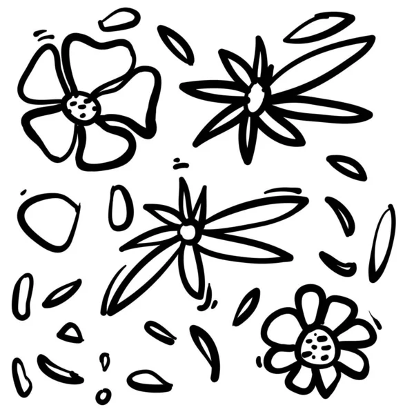 Vector set of ink drawing wild plants, herbs and flowers handdrawn style — 스톡 벡터