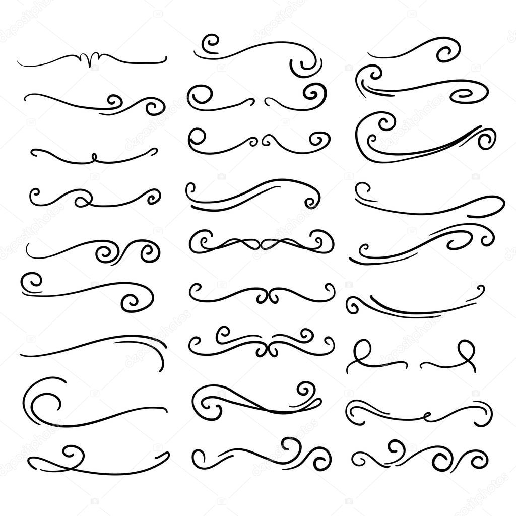 Swirl ornament stroke. Ornamental curls, swirls divider and filigree ornaments handdrawn doodle style vector