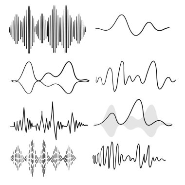 Siyah ses dalgaları. Müzik ses frekansı, ses hattı dalga formu, elektronik radyo sinyali, ses düzeyi sembolü karalama vektörü
