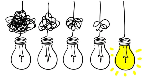 Simplificar el concepto de idea vectorial compleja, confusión claridad o trayectoria con bombillas doodle ilustración — Archivo Imágenes Vectoriales