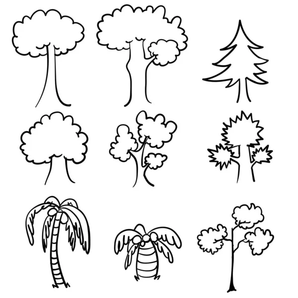 Doodle collection d'arbres style dessin animé à la main — Image vectorielle