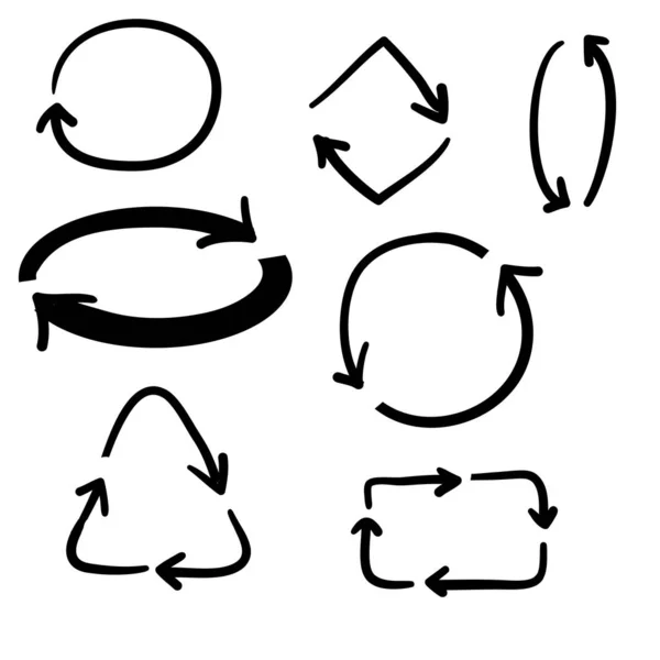 Recyklingu symbol strzałki z ręcznie rysowane wektor stylu doodle — Wektor stockowy