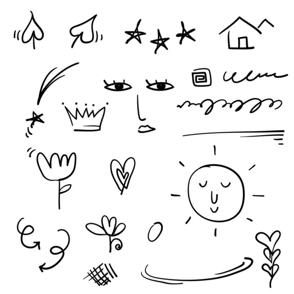 Doodle Betonungselemente, schwarz auf weißem Hintergrund. Vektorsymbole und Logo. Pfeil, Herz, Liebe, handgemacht, hausgemacht, Stern, Blatt, Sonne, Licht, Blume, Gänseblümchen, Graffiti-Krone, König, Königin Cartoon-Stil — Stockvektor