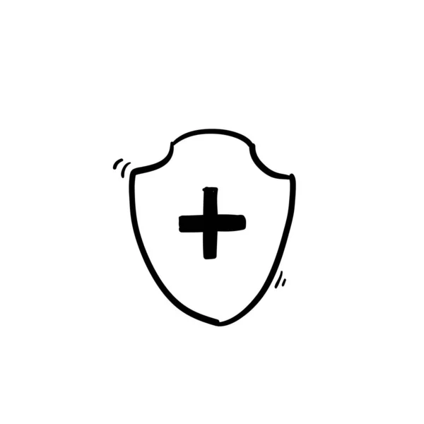 Ikona tarczy medycznej ze zdrowiem krzyż znak medyczny bazgroły ilustracja — Wektor stockowy