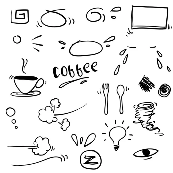Doodle handdrawn elements colection.frames.coffee.storm.bulb.eyes.swirl.swoosh.graffiti ilustracja wektor — Wektor stockowy