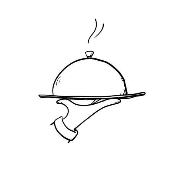 Waiter hand holding cloche serving plate doodle illustration — 스톡 벡터