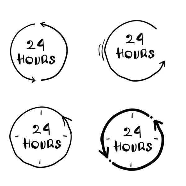 24 heures icône de signe d'horloge dans le style dessiné à la main doodle. Illustration vectorielle ouverte 24 heures sur blanc isolé — Image vectorielle
