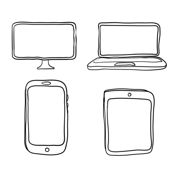 Device icon: Computer, laptop, tablet and smartphone set with handdrawn doodle style — Stock Vector