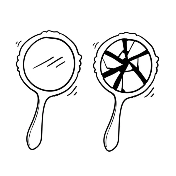 Retro hand mirror drawing set, new and broken with doodle cartoon style vector — 스톡 벡터