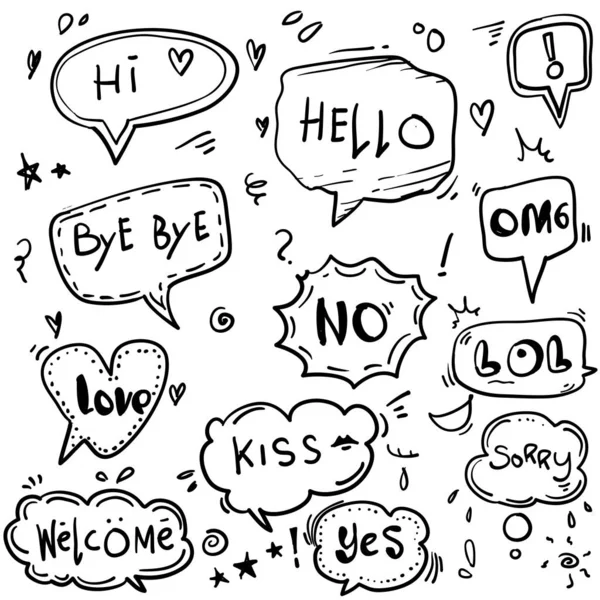 Set di bolle vocali disegnate a mano con parole di dialogo: Ciao, amore, ciao, ciao, benvenuto cartone animato in stile doodle — Vettoriale Stock