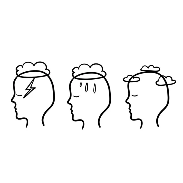 Perfil da cabeça com chuva de nuvens e céu limpo. Mindfulness e gerenciamento de estresse em psicologia com estilo doodle desenhado à mão — Vetor de Stock