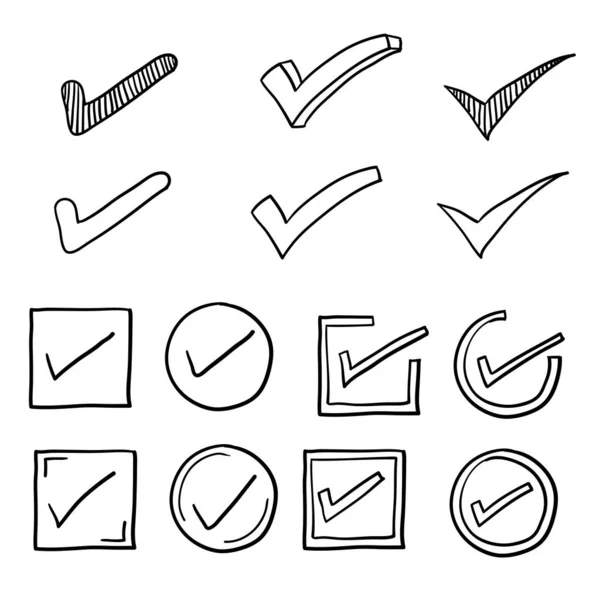 Collection of hand drawn check mark signs isolated on white background with doodle style — 스톡 벡터