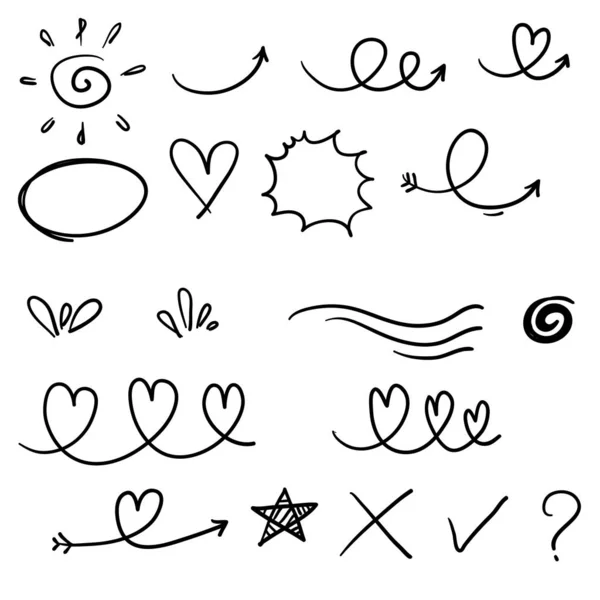 Ručně kreslené prvky, černé na bílém pozadí. Šipka, srdce, láska, řečová bublina, hvězda, list, slunce, světlo, kontrolní značky, koruna, král, královna, švihy, swoops, důraz, vír, srdce.s kreslenou čárou — Stockový vektor