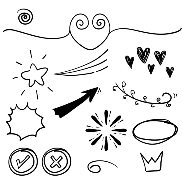 Doodle set στοιχεία, μαύρο σε λευκό φόντο. Βέλος, καρδιά, αγάπη, αστέρι, φύλλο, ήλιος, φως, λουλούδι, μαργαρίτα, στέμμα, βασιλιάς, βασίλισσα, Swishes, swoops, έμφαση, στροβιλισμός, heart.line τέχνη κινουμένων σχεδίων διάνυσμα στυλ — Διανυσματικό Αρχείο